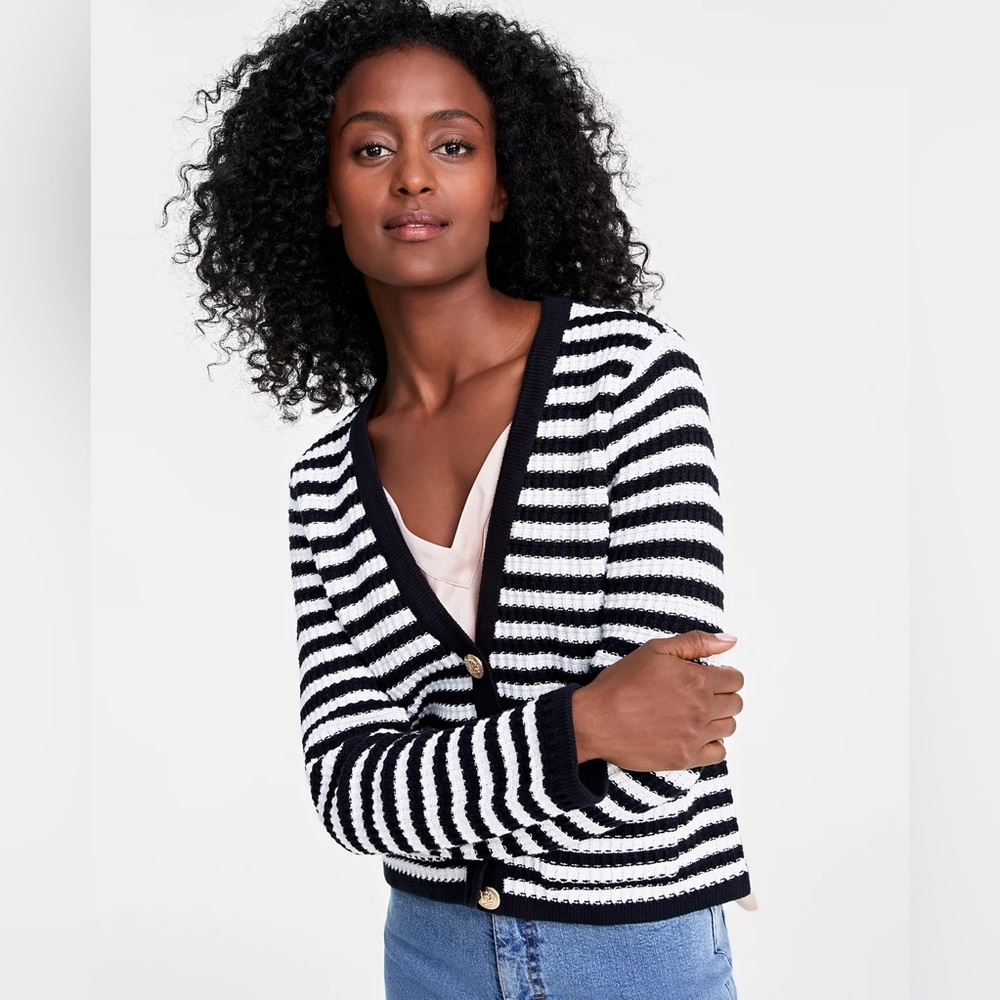 ON 34TH MACY’S NWT 3X V-Neck Patch Pocket Cardigan Sweater • Black White Striped